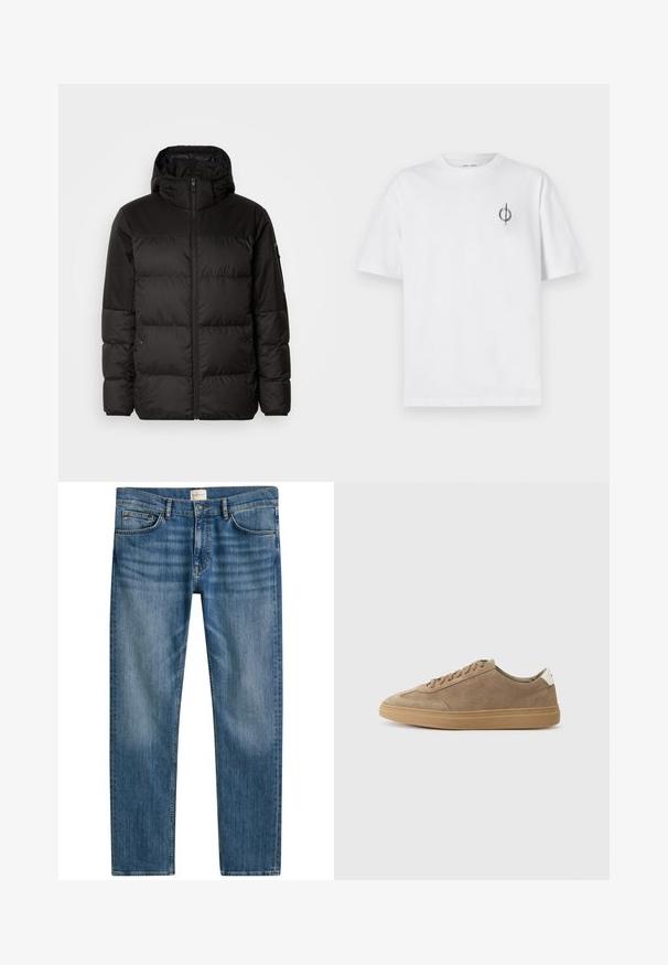 A jaqueta puffer preta apresenta um fecho zip, um capuz, secções acolchoadas e punhos elásticos, confeccionada em um material liso e resistente à água.; Camisa de algodão branca com um corte relaxado, apresentando um pequeno logótipo gráfico preto na área do peito esquerdo. Mangas curtas, estilo de gola redonda.; Jeans de ganga azuis com corte direito, apresentando cinco bolsos, fecho de botão e ligeira desbotagem por toda a peça para adicionar textura.; Sapatilhas de camurça em castanho claro com sola de borracha. Apresentam um design com atacadores e um estilo minimalista, acentuado por uma aba de calcanhar branca.