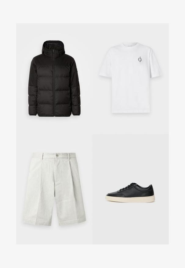 Black puffer jacket features a zip closure, a hood, quilted sections, and elastic cuffs, made from a smooth, water-resistant material.; White cotton t-shirt with a relaxed fit, featuring a small black graphic logo on the left chest area. Short sleeves, crew neck style.; Light grey shorts made of textured fabric, featuring a button closure, pleats, and a straight cut, suitable for casual wear.; Black low-top leather sneaker with black laces and off-white sole shown in side profile on white background.
