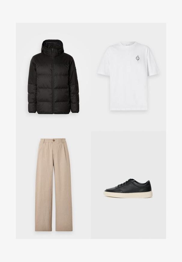 Melna pūkainā jakā iezīmes ir rāvējslēdzēja aizdare, kapuce, kvadrātveida šuves un elastīgas aproces, izgatavota no gludas, ūdensizturīgas vielas.; Bāla kokvilnas t-kreklu ar brīvu piegulšanu, kuram uz kreisā krūšu apvidus ir neliels melns grafiskais logotips. Īsas piedurknes, apaļas kakla izgriezums.; Bēša platā kāju bikses ar teksturētu apdari, ar krokām un elastīgu jostu, kas priekšā tiek nostiprināta ar bronzas pogu.; Melnas zemas ādas sporta kurpes ar melnām auklām un off-white zoli, rādītas no sānu profila uz baltā fona.