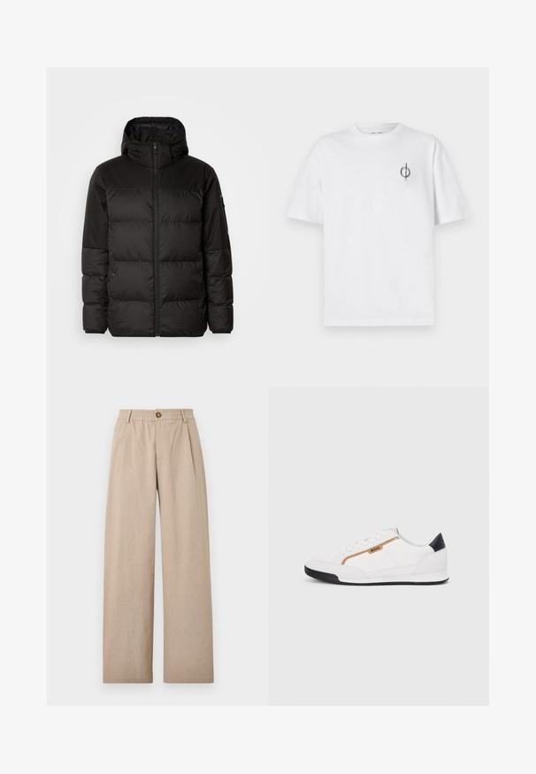 Črna zimska jakna ima zadrgo, kapuco, prešite odseke in elastične manšete, izdelana je iz gladkega, vodoodpornega materiala.; Bela bombažna majica s sproščenim krojem, ki ima majhen črn grafični logotip na levem prsnem delu. Kratke rokave, okrogel izrez.; Bež hlače širokih nogavic z teksturo in z odbitki ter elastičnim pasom, ki je na sprednji strani pritrjen z bronastim gumbom.; Bele športne čevlje z mrežnimi in usnjenimi detajli. Opremljeni so z zlatim logotipom "BOSS", teksturiranimi stranskimi paneli in črnim kapcom na peti. Guma podplat.