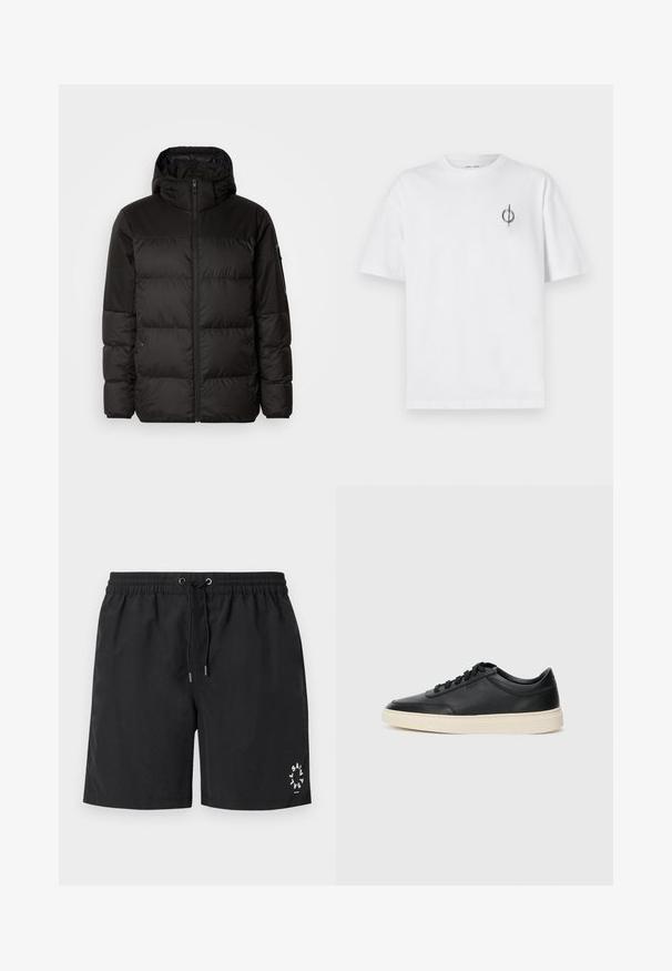 Černá péřová bunda má zipový uzávěr, kapuci, prošívané části a elastické manžety, vyrobená z hladkého, voděodolného materiálu.; Bílý bavlněný tričko s volným střihem, které má malé černé grafické logo na levé straně hrudi. Krátké rukávy, kulatý výstřih.; Černé plavky vyrobené z lehké tkaniny. Elastický pas se stahovací šňůrkou a stříbrnými konci. Logo vytištěné bílou barvou v dolním levém rohu.; Černé kožené nízké tenisky s černými tkaničkami a slonovinovou podešví, zobrazené v bočním profilu na bílém pozadí.