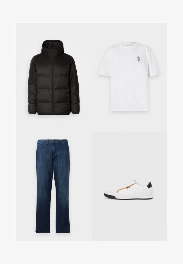 Geacă puffer neagră cu închidere cu fermoar, glugă, secțiuni quilted și manșete elastice, realizată dintr-un material neted, rezistent la apă.; Tricou alb din bumbac cu o croială lejeră, având un mic logo grafic negru în zona stângă a pieptului. Mâneci scurte, stil guler rotund.; Blugi de denim albastru închis, cu un design drept, având o închidere frontală cu nasture și un stil standard cu cinci buzunare. Textură netedă și greutate medie.; Adidași albi cu detalii din plasă și piele. Prezintă un logo auriu "BOSS", panouri laterale texturate și un capac pentru călcâi negru. Talpă din cauciuc.