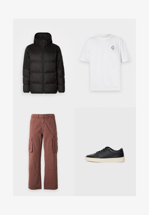 Black puffer jacket features a zip closure, a hood, quilted sections, and elastic cuffs, made from a smooth, water-resistant material.; White cotton t-shirt with a relaxed fit, featuring a small black graphic logo on the left chest area. Short sleeves, crew neck style.; Cargo pants in a rust color, made of durable fabric. Features large side pockets, straight legs, and button closure at the waistband.; Black low-top leather sneaker with black laces and off-white sole shown in side profile on white background.