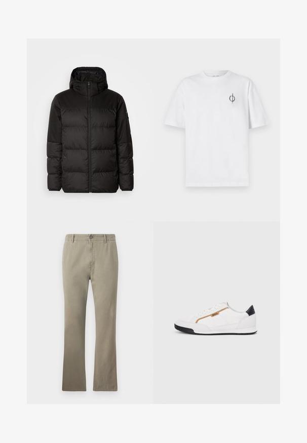 Melna pūkainā jakā iezīmes ir rāvējslēdzēja aizdare, kapuce, kvadrātveida šuves un elastīgas aproces, izgatavota no gludas, ūdensizturīgas vielas.; Bāla kokvilnas t-kreklu ar brīvu piegulšanu, kuram uz kreisā krūšu apvidus ir neliels melns grafiskais logotips. Īsas piedurknes, apaļas kakla izgriezums.; Beige kokvilnas bikses ar taisnu griezumu, ar pogu aizdari, jostu cilpām un nedaudz teksturētu virsmu, kas piemērotas ikdienas valkāšanai.; Baltijas krāsā baltas sporta kurpes ar acu un ādas akcentiem. Iezīmējas ar zelta "BOSS" logo, teksturētām sānu paneļiem un melnu papēža kapu. Gumijas zole.