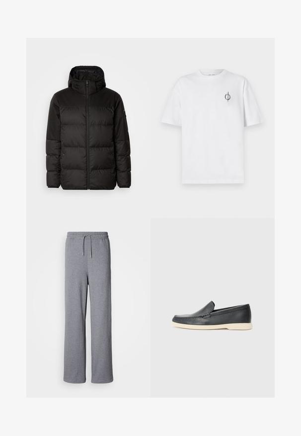 A jaqueta puffer preta apresenta um fecho zip, um capuz, secções acolchoadas e punhos elásticos, confeccionada em um material liso e resistente à água.; Camisa de algodão branca com um corte relaxado, apresentando um pequeno logótipo gráfico preto na área do peito esquerdo. Mangas curtas, estilo de gola redonda.; Calças de moletão largas e cinzentas, feitas de material macio; apresentam uma cintura elástica com cordão e sem bolsos. Design simples e sem adorno.; Mocassins pretos em couro com acabamento texturizado e sola de borracha bege em contraste. Apresenta um detalhe subtil na parte da frente.