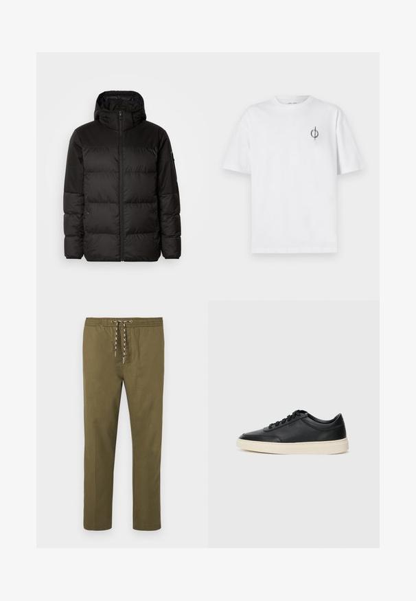 Crna puf jakna ima zatvaranje na zip, kapuljaču, kviltane dijelove i elastične manžete, izrađena je od glatkog, vodootpornog materijala.; Bijela pamučna majica s opuštenim krojem, s malim crnim grafičkim logotipom na lijevoj prečki. Kratki rukavi, okrugli izrez.; Maslinaste hlače s elastičnim pojasom i podesivom vezicom. Ravnog su kroja; tkanina ima glatku, mekanu teksturu.; Crne niske kožne tenisice s crnim vezicama i kremasto bijelom potplatom prikazane u bočnom profilu na bijeloj pozadini.