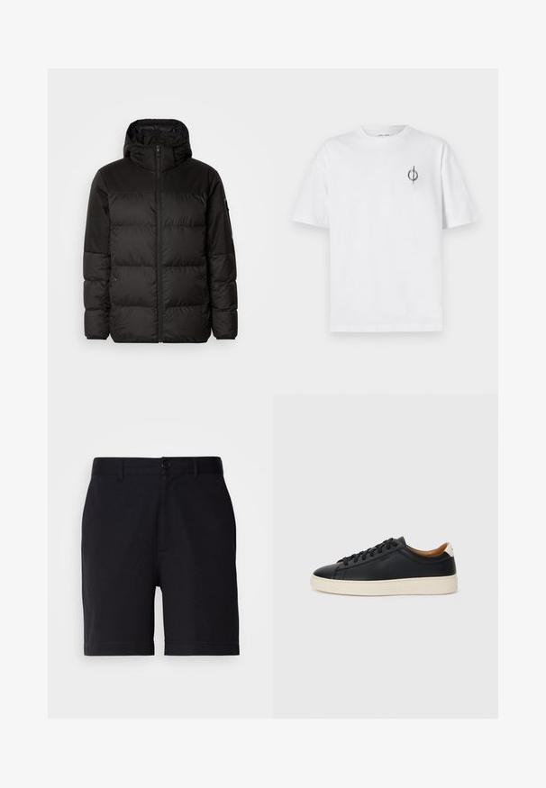 Čierna prešívaná bunda má zips, kapucňu, prešívané sekcie a elastické manžety, vyrobená z hladkého, vodeodolného materiálu.; Biela bavlnená tričko s voľným strihom, s malým čiernym grafickým logom na ľavej strane hrudníka. Krátke rukávy, okrúhly výstrih.; Čierne šortky vyrobené z bavlneného zmesi, s klasickým strihom, prednými vreckami a zapínaním na gombík v páse.; Čierne kožené tenisky s hladkou textúrou, béžová gumová podrážka, viazanie a kontrastný akcent na päte.