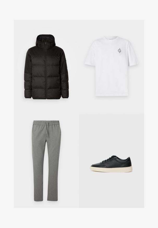 La doudoune noire est dotée d'une fermeture éclair, d'une capuche, de sections matelassées et de poignets élastiques, fabriquée à partir d'un matériau lisse et résistant à l'eau.; T-shirt en coton blanc avec une coupe décontractée, présentant un petit logo graphique noir sur le côté gauche de la poitrine. Manches courtes, col rond.; Pantalons gris fuselés en tissu texturé. Comprend une taille élastique avec cordon de serrage, sans poches, et une finition lisse.; Baskets en cuir noires à tiges basses avec lacets noirs et semelle ivoire, présentées en profil latéral sur fond blanc.