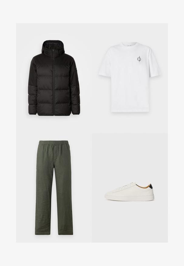 Mustikas puffer-jakk sisaldab tõmblukku, kapuutsi, tikandiga osi ja elastseid mansette, valmistatud siledast veekindlast materjalist.; Valge puuvillane t-särk lõdva sobivusega, millel on vasakul rinnal väike must graafiline logo. Lühikesed varrukad, ümmargune kaelus.; Tumed rohelised linasest püksid elastse vöökoha, sirge lõike ja kergelt kortsus tekstuuriga. Ilma nähtavate riistade või mustriteta.; Valge sneaker, millel on sile nahk pealis, ümmargune varvas ja lame tald. Must aktsent kandadel, ton-sümpaatne paeltega ja minimaalne bränding.