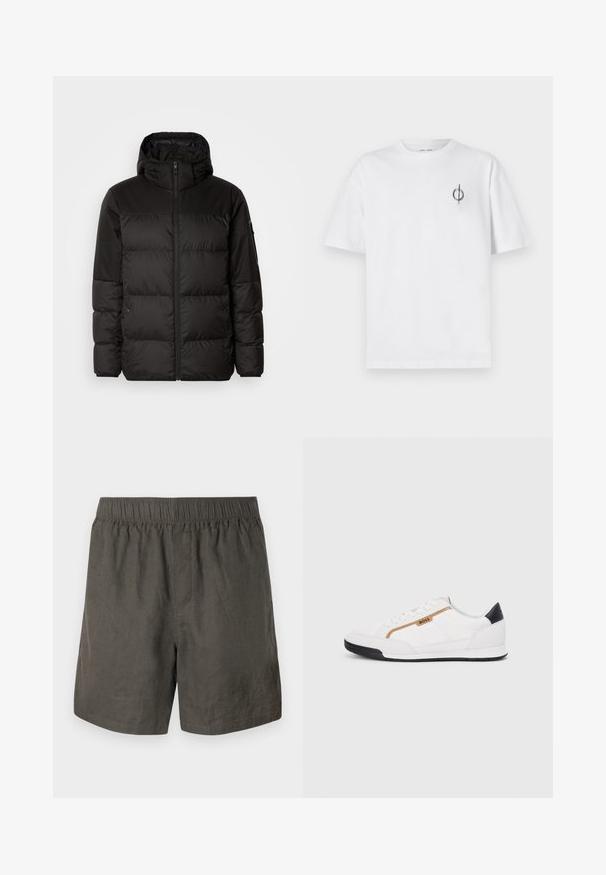 Črna zimska jakna ima zadrgo, kapuco, prešite odseke in elastične manšete, izdelana je iz gladkega, vodoodpornega materiala.; Bela bombažna majica s sproščenim krojem, ki ima majhen črn grafični logotip na levem prsnem delu. Kratke rokave, okrogel izrez.; Temno sivi laneni šortyi z elastičnim pasom, preprostega dizajna in ravnega kroja, zaključeni z stranskimi žepki.; Bele športne čevlje z mrežnimi in usnjenimi detajli. Opremljeni so z zlatim logotipom "BOSS", teksturiranimi stranskimi paneli in črnim kapcom na peti. Guma podplat.