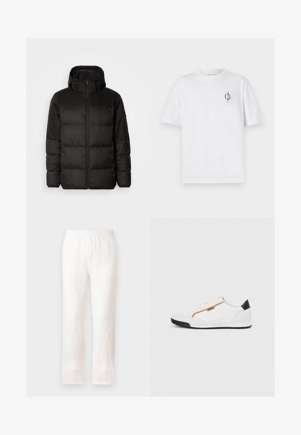 Black puffer jacket features a zip closure, a hood, quilted sections, and elastic cuffs, made from a smooth, water-resistant material.; White cotton t-shirt with a relaxed fit, featuring a small black graphic logo on the left chest area. Short sleeves, crew neck style.; White linen pants with an elastic waistband, straight leg design, and slightly textured fabric. No patterns or additional details.; White athletic shoes with mesh and leather accents. Features a gold "BOSS" logo, textured side panels, and a black heel cap. Rubber sole.