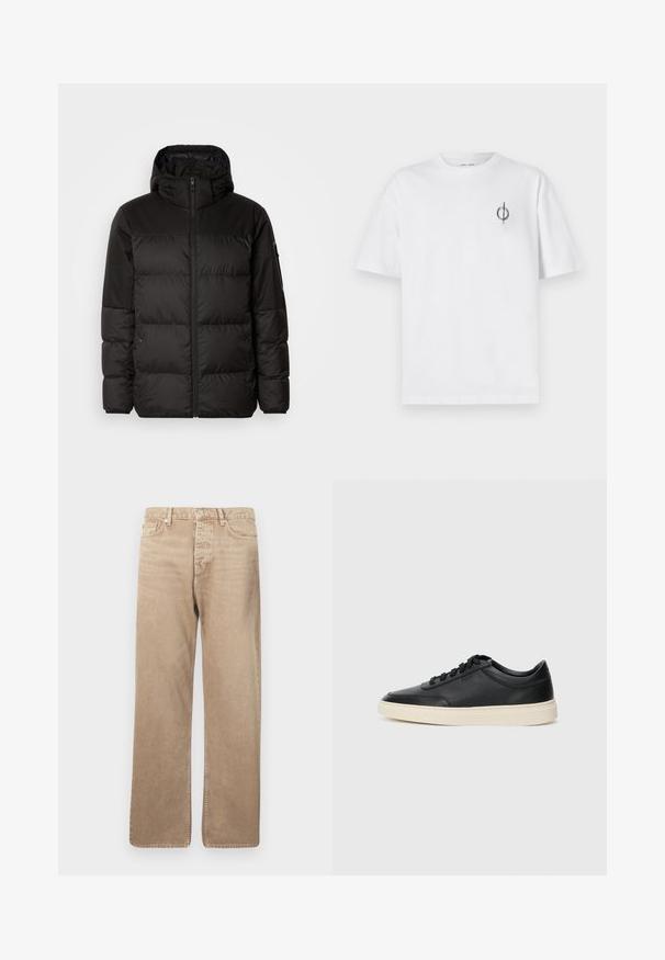 Melna pūkainā jakā iezīmes ir rāvējslēdzēja aizdare, kapuce, kvadrātveida šuves un elastīgas aproces, izgatavota no gludas, ūdensizturīgas vielas.; Bāla kokvilnas t-kreklu ar brīvu piegulšanu, kuram uz kreisā krūšu apvidus ir neliels melns grafiskais logotips. Īsas piedurknes, apaļas kakla izgriezums.; Beige džinsu bikses ar taisnu piegriezumu, piecas kabatas, pogu aizdari un kontrastējoša šuvuma apdari. Gluda tekstūra un minimāls nodilums.; Melnas zemas ādas sporta kurpes ar melnām auklām un off-white zoli, rādītas no sānu profila uz baltā fona.