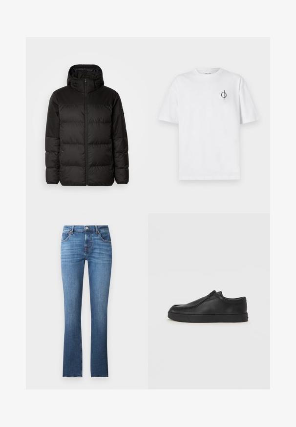 Musta puhvijakku sisältää vetoketjun, hupun, tilkuista koostuvia osioita ja joustavat hihansuut. Se on valmistettu sileästä, vedenpitävästä materiaalista.; Valkoinen puuvillapaita rentoa istuvuutta, jossa on pieni musta graafinen logo vasemmassa rintataskussa. Lyhyet hihat, pyöreä kaula-aukko.; Siniset farkut suoran lahkeen muotoilulla, jossa on vaaleaa kulumista, viisi taskua ja metalliosat. Vyötäröosassa on vyölenkit.; Musta nahkainen slip-on-kengät pyöristetyllä varvalla, tikattu yksityiskohta ja musta kumipohja. Sileä pinta ja minimalistinen muotoilu.