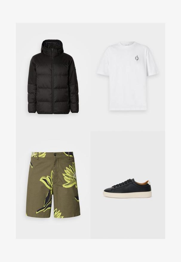 Čierna prešívaná bunda má zips, kapucňu, prešívané sekcie a elastické manžety, vyrobená z hladkého, vodeodolného materiálu.; Biela bavlnená tričko s voľným strihom, s malým čiernym grafickým logom na ľavej strane hrudníka. Krátke rukávy, okrúhly výstrih.; Olivovo zelené šortky s veľkým žltým a námorníckym kvetinovým vzorom, vyrobené z ľahkého materiálu s zapínaním na gombík a bočnými vreckami.; Čierne kožené tenisky s hladkou textúrou, béžová gumová podrážka, viazanie a kontrastný akcent na päte.