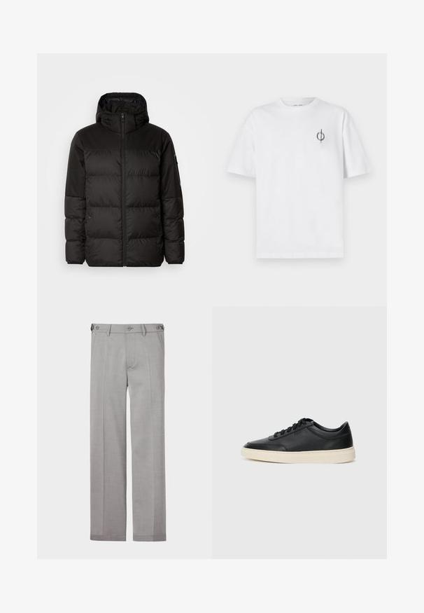 Černá péřová bunda má zipový uzávěr, kapuci, prošívané části a elastické manžety, vyrobená z hladkého, voděodolného materiálu.; Bílý bavlněný tričko s volným střihem, které má malé černé grafické logo na levé straně hrudi. Krátké rukávy, kulatý výstřih.; Šedé kalhoty s rovnými nohavicemi, vyrobené z hladké látky. Obsahují dvě přední kapsy a dvojité zapínání na knoflíky v pase.; Černé kožené nízké tenisky s černými tkaničkami a slonovinovou podešví, zobrazené v bočním profilu na bílém pozadí.