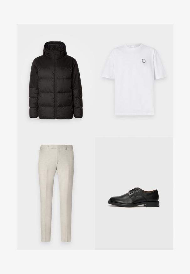 Črna zimska jakna ima zadrgo, kapuco, prešite odseke in elastične manšete, izdelana je iz gladkega, vodoodpornega materiala.; Bela bombažna majica s sproščenim krojem, ki ima majhen črn grafični logotip na levem prsnem delu. Kratke rokave, okrogel izrez.; JOOP! Hlače - beige; Tommy Hilfiger VOGUE LTH - Elegantni čevlji z vezalkami - black