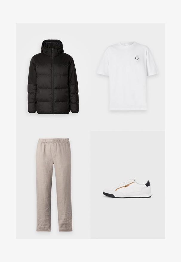 Black puffer jacket features a zip closure, a hood, quilted sections, and elastic cuffs, made from a smooth, water-resistant material.; White cotton t-shirt with a relaxed fit, featuring a small black graphic logo on the left chest area. Short sleeves, crew neck style.; Light beige linen trousers with an elastic waistband, straight leg design, and no visible pockets. Smooth texture with slight wrinkles.; White athletic shoes with mesh and leather accents. Features a gold "BOSS" logo, textured side panels, and a black heel cap. Rubber sole.