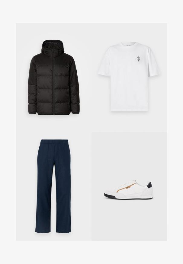 Black puffer jacket features a zip closure, a hood, quilted sections, and elastic cuffs, made from a smooth, water-resistant material.; White cotton t-shirt with a relaxed fit, featuring a small black graphic logo on the left chest area. Short sleeves, crew neck style.; Navy blue wide-leg pants with an elastic waistband, featuring two front pockets and a smooth, lightweight fabric texture.; White athletic shoes with mesh and leather accents. Features a gold "BOSS" logo, textured side panels, and a black heel cap. Rubber sole.