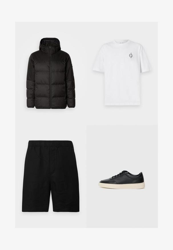 Geacă puffer neagră cu închidere cu fermoar, glugă, secțiuni quilted și manșete elastice, realizată dintr-un material neted, rezistent la apă.; Tricou alb din bumbac cu o croială lejeră, având un mic logo grafic negru în zona stângă a pieptului. Mâneci scurte, stil guler rotund.; Pantaloni scurți negri cu talie elastică, realizați dintr-un material texturat, având croială dreaptă și fără buzunare sau accente vizibile.; Sneaker din piele neagră, cu vârf jos, cu șireturi negre și talpă de un alb murdar, prezentat în profil lateral, pe un fundal alb.