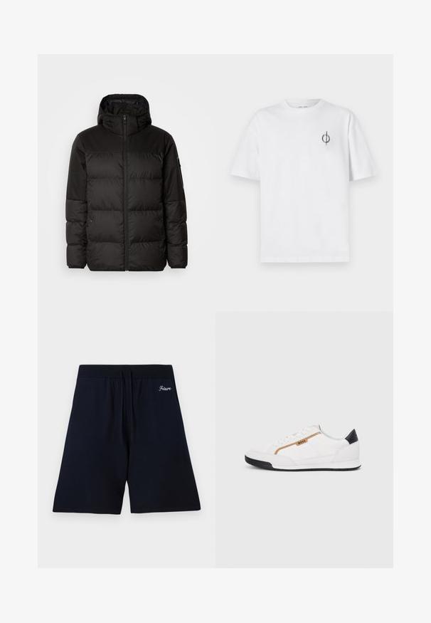 Mustikas puffer-jakk sisaldab tõmblukku, kapuutsi, tikandiga osi ja elastseid mansette, valmistatud siledast veekindlast materjalist.; Valge puuvillane t-särk lõdva sobivusega, millel on vasakul rinnal väike must graafiline logo. Lühikesed varrukad, ümmargune kaelus.; Tumedad sinised lühikesed püksid pehmest kangast, millel on elastne vöökoht koos nööridega ning tikandiga tekst "Tulevik" ülaservas.; Valged sportlikud jalatsid, millel on võrkkangas ja nahkdetailid. Omab kuldset "BOSS" logo, tekstureeritud külgpaneele ja musta kontsakaant. Kummist tallad.