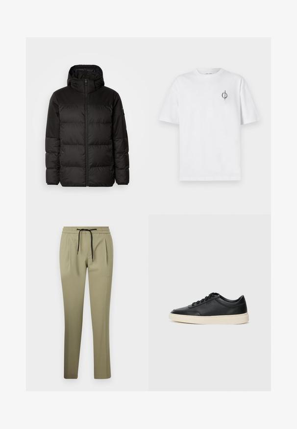 Black puffer jacket features a zip closure, a hood, quilted sections, and elastic cuffs, made from a smooth, water-resistant material.; White cotton t-shirt with a relaxed fit, featuring a small black graphic logo on the left chest area. Short sleeves, crew neck style.; Khaki trousers in a smooth fabric with a relaxed fit, featuring an elastic waistband and drawstring. Straight-leg design with side pleats.; Black low-top leather sneaker with black laces and off-white sole shown in side profile on white background.