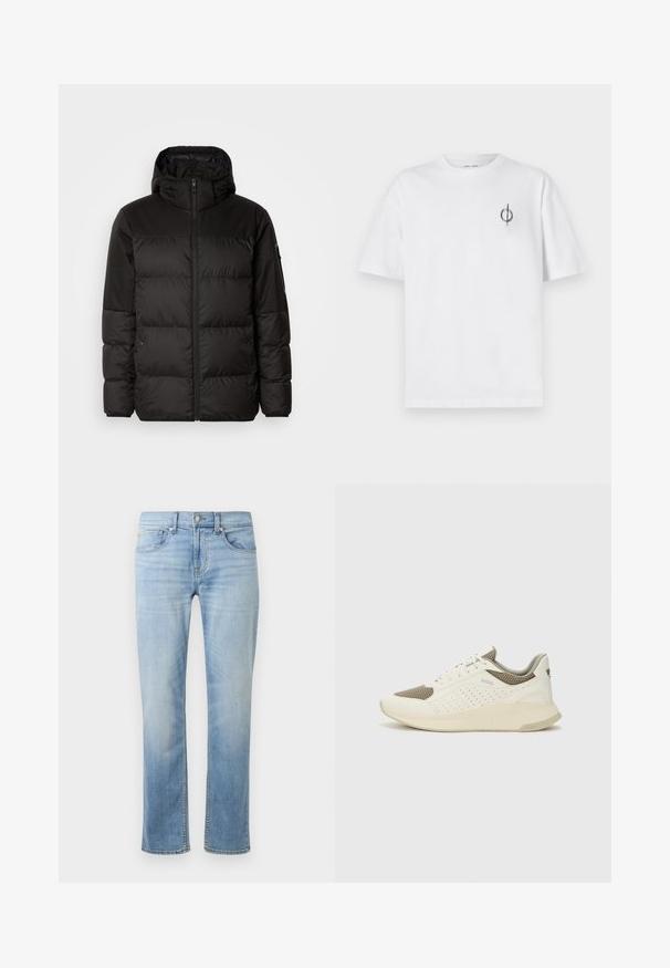 Črna zimska jakna ima zadrgo, kapuco, prešite odseke in elastične manšete, izdelana je iz gladkega, vodoodpornega materiala.; Bela bombažna majica s sproščenim krojem, ki ima majhen črn grafični logotip na levem prsnem delu. Kratke rokave, okrogel izrez.; Svijetloplavi traperice s ravnim nogavicama, pet džepova, vidljivim šavovima i izblijeđenim završetkom oko bedara i koljena.; Beli in svetlo bež športni copat, s mrežastim zgornjim delom, perforiranimi detajli in teksturirano srednjim delom z blagovno znamko na peti.