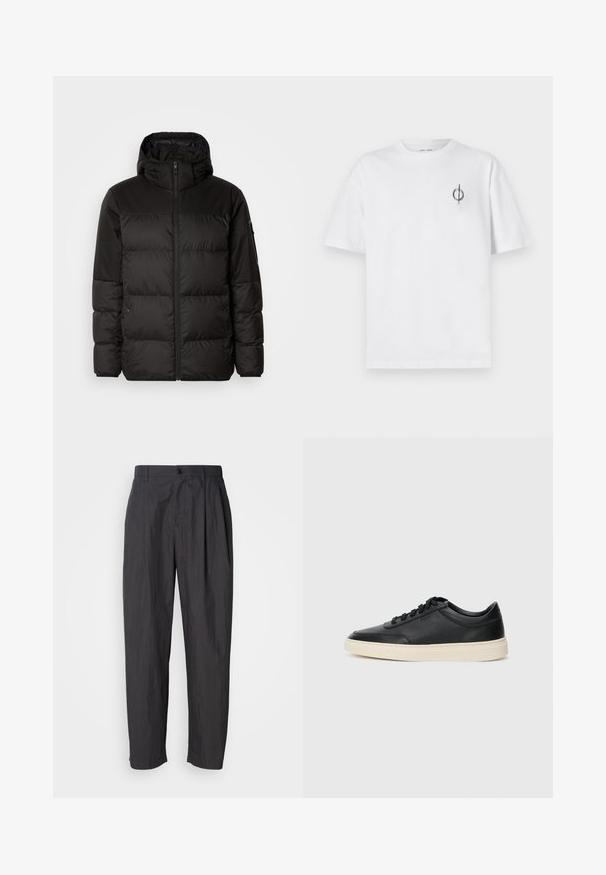 Mustikas puffer-jakk sisaldab tõmblukku, kapuutsi, tikandiga osi ja elastseid mansette, valmistatud siledast veekindlast materjalist.; Valge puuvillane t-särk lõdva sobivusega, millel on vasakul rinnal väike must graafiline logo. Lühikesed varrukad, ümmargune kaelus.; Tumedashallid sirged püksid vöödega, esise nupuga kinnitamine ja küljetaskud heledal tasapinnal.; Mustad musta nahast madal sneaker mustade nööpidega ja kreemivalge tallaga, nähtud külgprofiilis valge tausta ees.