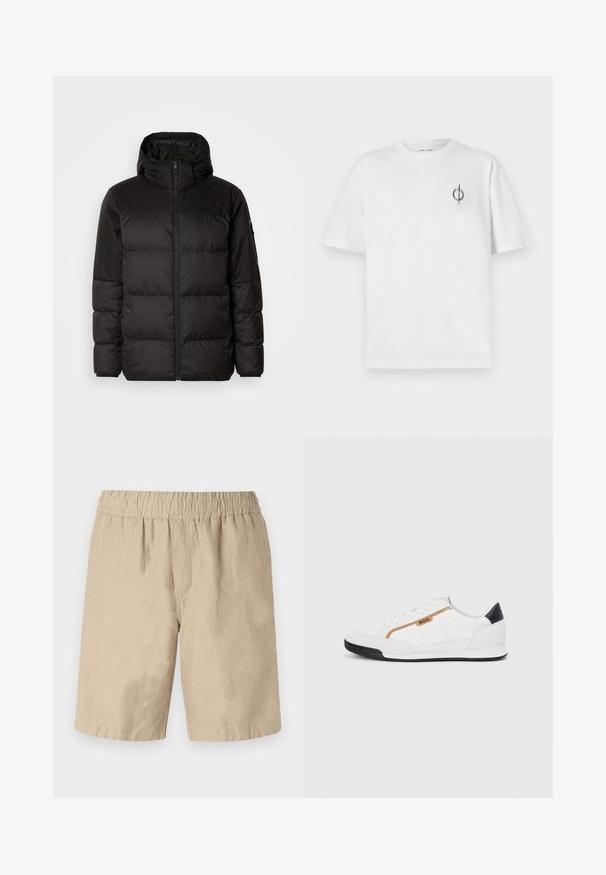 Zwarte pufferjas met ritsluiting, een capuchon, gequiltte secties en elastische manchetten, gemaakt van een glad, waterafstotend materiaal.; Witte katoenen t-shirt met een ontspannen pasvorm, voorzien van een klein zwart graphic logo op de linkerkant van de borst. Korte mouwen, ronde hals.; Beige katoenen shorts met een elastische tailleband, voorzien van een ontspannen pasvorm en een zachte textuur. Geen zichtbare zakken of patronen.; Witte sportieve schoenen met gaas- en lederen accenten. Voorzien van een gouden "BOSS" logo, gestructureerde zijpanelen en een zwarte hakkap. Rubberen zool.