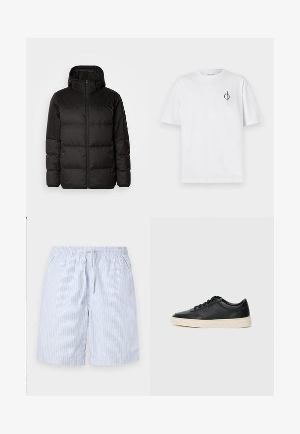 Black puffer jacket features a zip closure, a hood, quilted sections, and elastic cuffs, made from a smooth, water-resistant material.; White cotton t-shirt with a relaxed fit, featuring a small black graphic logo on the left chest area. Short sleeves, crew neck style.; Blue and white striped swim shorts made of lightweight fabric, featuring an elastic waistband with a drawstring and side pockets.; Black low-top leather sneaker with black laces and off-white sole shown in side profile on white background.