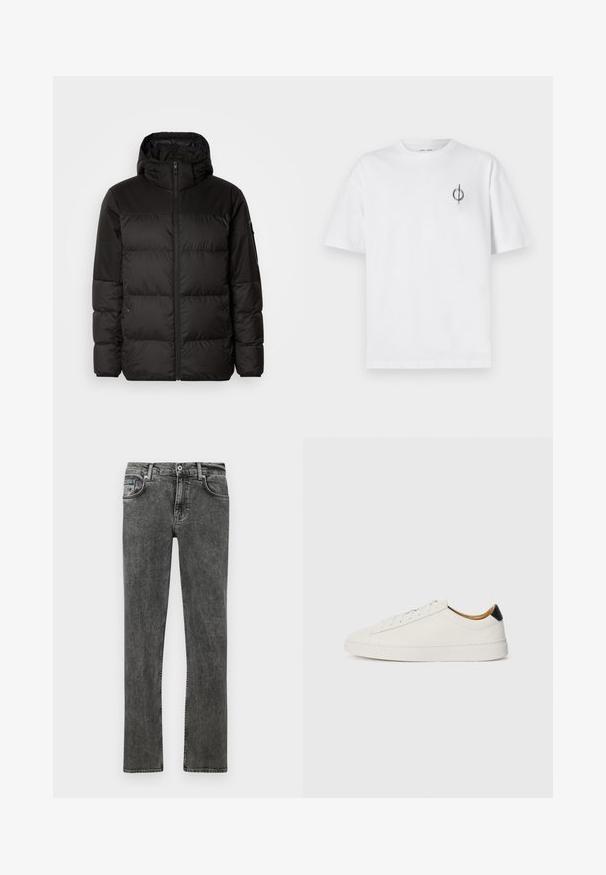 Crna puf jakna ima zatvaranje na zip, kapuljaču, kviltane dijelove i elastične manžete, izrađena je od glatkog, vodootpornog materijala.; Bijela pamučna majica s opuštenim krojem, s malim crnim grafičkim logotipom na lijevoj prečki. Kratki rukavi, okrugli izrez.; Sivi traperice s ravnim krojem, koje imaju tradicionalni dizajn s pet džepova, gumbastu kopču i suptilno izblijeđenje.; Bijela tenisica s glatkim kožnim gornjištem, okruglim vrhom i ravnim potplatom. Crni akcent na peti, s tonu zavozicama i minimalnim brendiranjem.