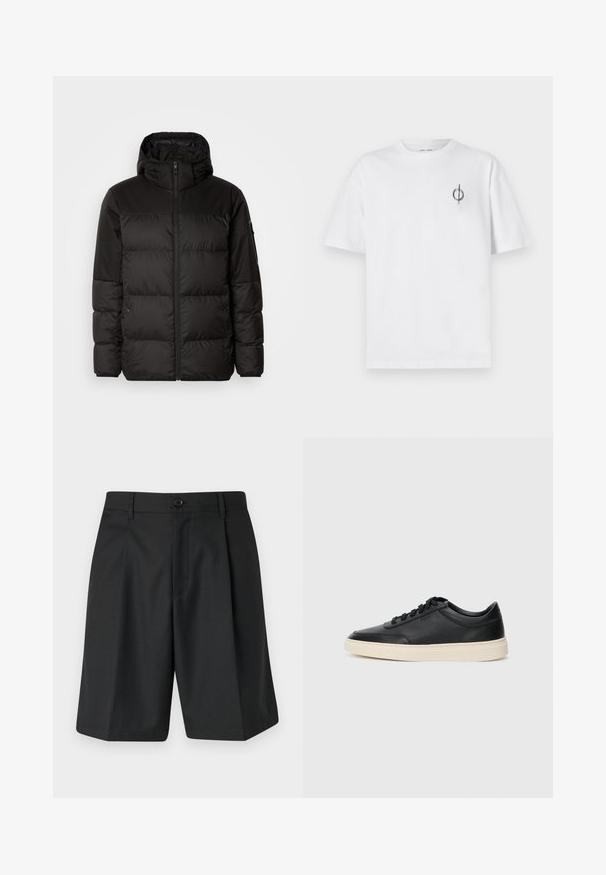 Černá péřová bunda má zipový uzávěr, kapuci, prošívané části a elastické manžety, vyrobená z hladkého, voděodolného materiálu.; Bílý bavlněný tričko s volným střihem, které má malé černé grafické logo na levé straně hrudi. Krátké rukávy, kulatý výstřih.; Samsøe Samsøe MANDLA - Šortky - black; Černé kožené nízké tenisky s černými tkaničkami a slonovinovou podešví, zobrazené v bočním profilu na bílém pozadí.