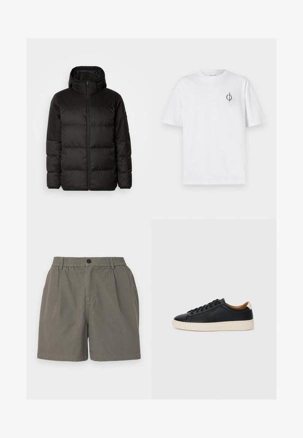 La doudoune noire est dotée d'une fermeture éclair, d'une capuche, de sections matelassées et de poignets élastiques, fabriquée à partir d'un matériau lisse et résistant à l'eau.; T-shirt en coton blanc avec une coupe décontractée, présentant un petit logo graphique noir sur le côté gauche de la poitrine. Manches courtes, col rond.; Shorts kaki avec une taille élastique, fermeture à un bouton et deux poches latérales. Tissu doux et léger avec une texture lisse.; Baskets en cuir noir avec une texture lisse, semelle en caoutchouc beige, design à lacets et accent de talon contrasté.