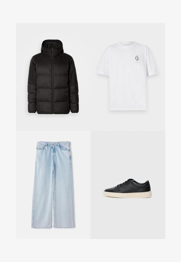 Mustikas puffer-jakk sisaldab tõmblukku, kapuutsi, tikandiga osi ja elastseid mansette, valmistatud siledast veekindlast materjalist.; Valge puuvillane t-särk lõdva sobivusega, millel on vasakul rinnal väike must graafiline logo. Lühikesed varrukad, ümmargune kaelus.; Heledad sinised laiad püksid klassikalise viie taskuga disainiga, millel on tavaline vöökoht ja lõpetamata serv. Pehme denimtekstuur kergete plekkidega.; Mustad musta nahast madal sneaker mustade nööpidega ja kreemivalge tallaga, nähtud külgprofiilis valge tausta ees.