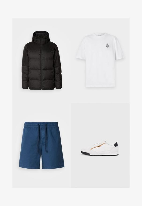 Čierna prešívaná bunda má zips, kapucňu, prešívané sekcie a elastické manžety, vyrobená z hladkého, vodeodolného materiálu.; Biela bavlnená tričko s voľným strihom, s malým čiernym grafickým logom na ľavej strane hrudníka. Krátke rukávy, okrúhly výstrih.; Námornícky modré plavky so elastickým pásom, sťahovacou šnúrkou a textúrovanou tkaninou. Dizajn sa vyznačuje rovnými nohavicami a bez vreciek.; Biele športové topánky s akcentmi z korku a kože. Obsahujú zlaté logo "BOSS", textúrované bočné panely a čierny pätník. Gumová podrážka.