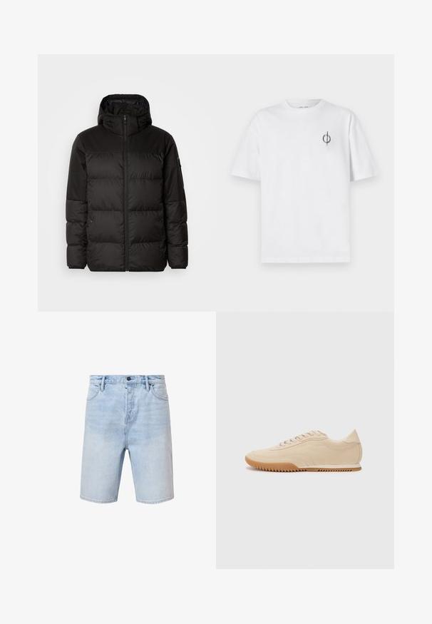 Mustikas puffer-jakk sisaldab tõmblukku, kapuutsi, tikandiga osi ja elastseid mansette, valmistatud siledast veekindlast materjalist.; Valge puuvillane t-särk lõdva sobivusega, millel on vasakul rinnal väike must graafiline logo. Lühikesed varrukad, ümmargune kaelus.; Heledad sinine teksashorts, regulaarne lõige, viie taskuga disain ja nööpidega sulg. Omab peent pleekimist ja õmmeldud aluseid.; Beez Suede spordijalatsid voolujoonelise disainiga, millel on tekstureeritud ülemine osa, ümar toe ning kummist tallaga, millel on sakiline muster.