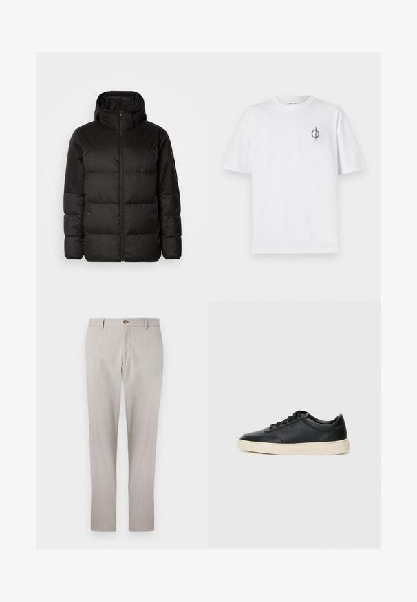 Mustikas puffer-jakk sisaldab tõmblukku, kapuutsi, tikandiga osi ja elastseid mansette, valmistatud siledast veekindlast materjalist.; Valge puuvillane t-särk lõdva sobivusega, millel on vasakul rinnal väike must graafiline logo. Lühikesed varrukad, ümmargune kaelus.; Kerged hallist linast riidest püksid, millel on kohandatud disain, nööpide sulgemine, küljetaskud ja sirge jalgade lõige. Pehme tekstuur ja minimaalsed õmblusdetailid.; Mustad musta nahast madal sneaker mustade nööpidega ja kreemivalge tallaga, nähtud külgprofiilis valge tausta ees.
