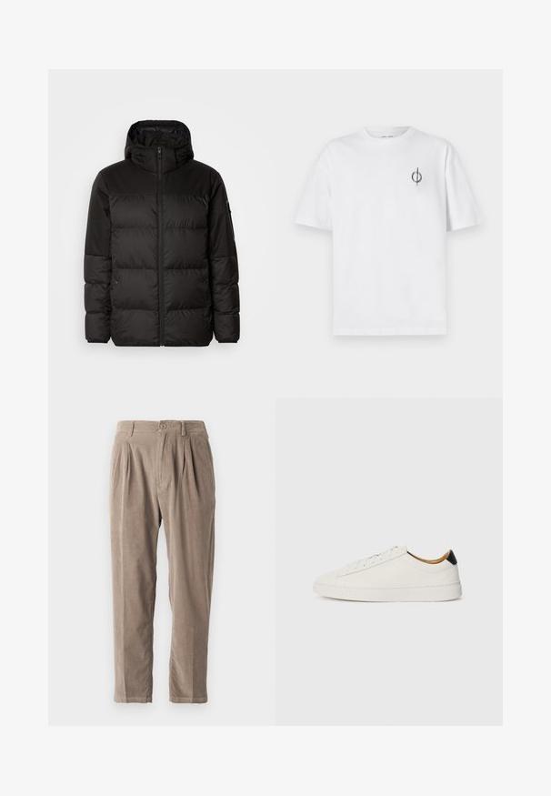 Black puffer jacket features a zip closure, a hood, quilted sections, and elastic cuffs, made from a smooth, water-resistant material.; White cotton t-shirt with a relaxed fit, featuring a small black graphic logo on the left chest area. Short sleeves, crew neck style.; Beige corduroy trousers with a relaxed fit, featuring pleats, a button closure, and side pockets, textured surface, and tapered leg design.; White sneaker with a smooth leather upper, round toe, and flat sole. Black accent at the heel, featuring tonal laces and minimal branding.