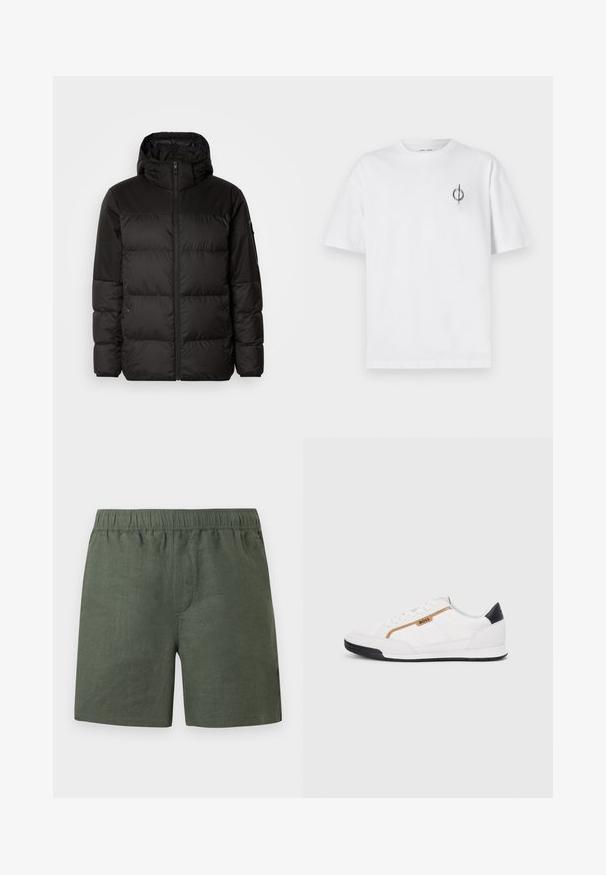 Schwarze Pufferjacke mit Reißverschluss, Kapuze, gesteppten Abschnitten und elastischen Bündchen, hergestellt aus einem glatten, wasserabweisenden Material.; Weißes Baumwoll-T-Shirt mit lockerer Passform, das ein kleines schwarzes Grafiklogo auf der linken Brustseite aufweist. Kurze Ärmel, Rundhalsausschnitt.; Grüne Leinen-Shorts mit elastischem Bund, geradem Schnitt und Seitentaschen. Leichter Stoff mit glatter Textur.; Weiße Sportschuhe mit Mesh- und Lederelementen. Ausgestattet mit einem goldenen "BOSS"-Logo, strukturierten Seitenpaneelen und einer schwarzen Fersenkappe. Gummisohle.