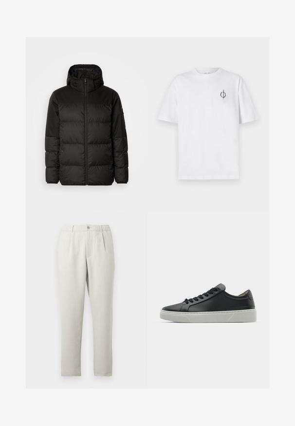 Black puffer jacket features a zip closure, a hood, quilted sections, and elastic cuffs, made from a smooth, water-resistant material.; White cotton t-shirt with a relaxed fit, featuring a small black graphic logo on the left chest area. Short sleeves, crew neck style.; Light beige relaxed-fit trousers with a slight sheen, featuring an elastic waistband, front pockets, and a tapered leg design.; Black leather sneaker with a smooth texture, round toe, and black laces. Features a thick, white rubber sole with subtle geometric accents.