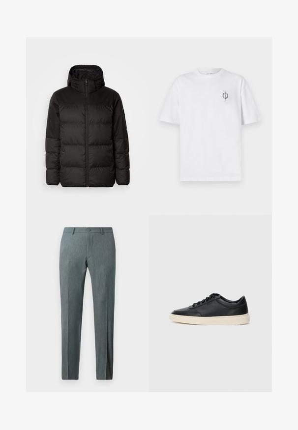 Sort pufferjakke med lynlås, hætte, quiltede sektioner og elastiske manchetter, lavet af et glat, vandafvisende materiale.; Hvid bomulds t-shirt med en afslappet pasform, der har et lille sort grafisk logo på venstre brystområde. Korte ærmer, rund halsstil.; Slim-fit bukser i struktureret grå stof med flad front, knaplukning og bæltesløjfer. Har en skræddersyet design og lige ben.; Sort lavt top lædersneaker med sorte snørebånd og off-white sål vist i sideprofil på hvid baggrund.