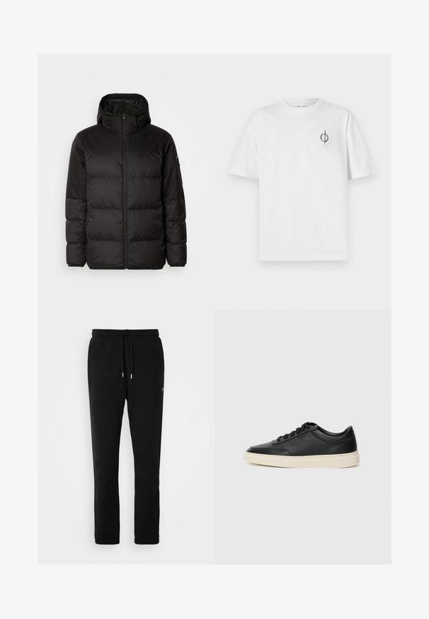Black puffer jacket features a zip closure, a hood, quilted sections, and elastic cuffs, made from a smooth, water-resistant material.; White cotton t-shirt with a relaxed fit, featuring a small black graphic logo on the left chest area. Short sleeves, crew neck style.; Black sweatpants made of soft cotton, featuring a drawstring waist, tapered legs, and minimal branding in a subtle design.; Black low-top leather sneaker with black laces and off-white sole shown in side profile on white background.