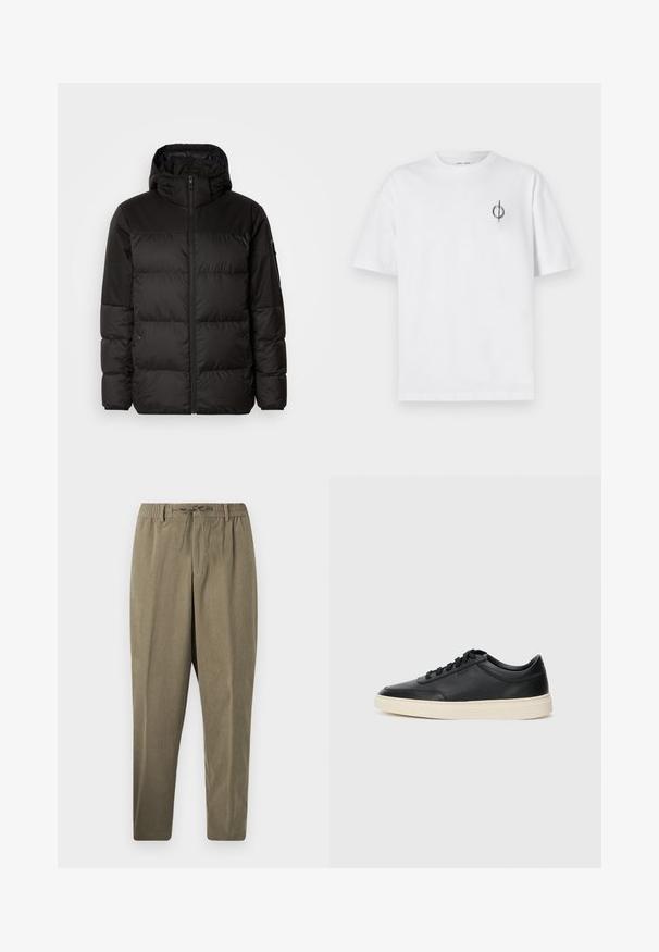 Melna pūkainā jakā iezīmes ir rāvējslēdzēja aizdare, kapuce, kvadrātveida šuves un elastīgas aproces, izgatavota no gludas, ūdensizturīgas vielas.; Bāla kokvilnas t-kreklu ar brīvu piegulšanu, kuram uz kreisā krūšu apvidus ir neliels melns grafiskais logotips. Īsas piedurknes, apaļas kakla izgriezums.; Taupe krāsu korduroja bikses ar elastīgu jostasvietu, jostas cilpām un aukliņu, taisna kāju griezums pret vienkāršu baltu fonu.; Melnas zemas ādas sporta kurpes ar melnām auklām un off-white zoli, rādītas no sānu profila uz baltā fona.