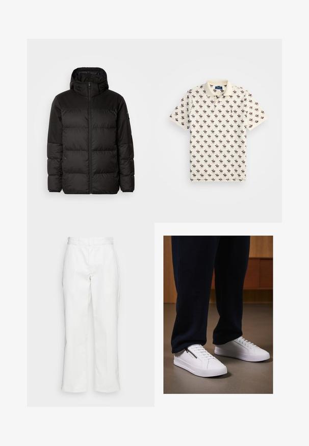 Melna pūkainā jakā iezīmes ir rāvējslēdzēja aizdare, kapuce, kvadrātveida šuves un elastīgas aproces, izgatavota no gludas, ūdensizturīgas vielas.; Beige kokvilnas polo krekls, ar atkārtotu mazu, krāsainu jātnieku rakstu. Klasiska apkakle un īsas piedurknes.; Baltie kokvilnas bikses ar taisnu kāju dizainu, jostu cilpiņām un sānu kabatām, ar gludu tekstūru un minimālu apdari.; Baltie sneaki ar gludu ādas apdari, plakanu zoli un auklu aizdari. Sānu rāvējslēdzēja detaļa pievieno funkcionalitāti. Saskaņoti ar tumšiem jogger tipa biksēm.