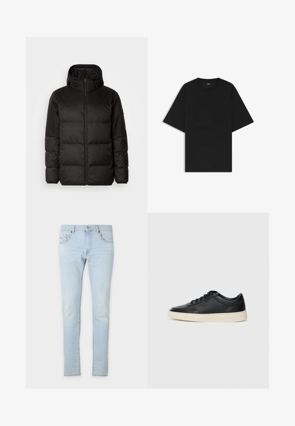 Czarna kurtka puchowa z zapięciem na zamek, kapturem, pikowanymi sekcjami i elastycznymi mankietami, wykonana z gładkiego, wodoodpornego materiału.; Czarna koszulka z krótkim rękawem i okrągłym dekoltem o luźnym fasonie, z małą metką "BOSS" wewnątrz kołnierzyka.; Jasnoniebieskie dżinsy o slim fit, z przednimi i tylnymi kieszeniami oraz niewielkimi przetarciami na materiale dla uzyskania faktury.; Czarne niskie skórzane sneakersy z czarnymi sznurówkami i off-white podeszwą, prezentowane w profilu bocznym na białym tle.
