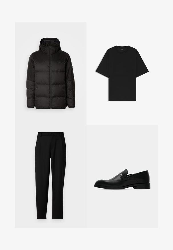 Czarna kurtka puchowa z zapięciem na zamek, kapturem, pikowanymi sekcjami i elastycznymi mankietami, wykonana z gładkiego, wodoodpornego materiału.; Czarna koszulka z krótkim rękawem i okrągłym dekoltem o luźnym fasonie, z małą metką "BOSS" wewnątrz kołnierzyka.; Czarne spodnie o prostym kroju, z elastycznym paskiem w tylnej części oraz zapięciem na guzik z przodu. Wykonane z gładkiego materiału.; Czarne męskie loafersy ze skóry z metalowym zapięciem, niskim obcasem i markową podeszwą, pokazane z boku na białym tle.