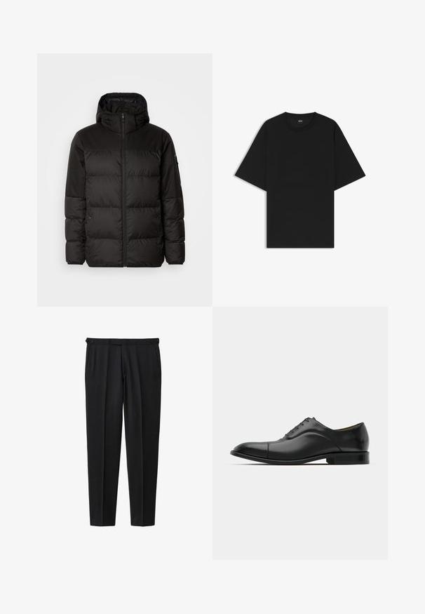 Schwarze Pufferjacke mit Reißverschluss, Kapuze, gesteppten Abschnitten und elastischen Bündchen, hergestellt aus einem glatten, wasserabweisenden Material.; Schwarzes Kurzarm-T-Shirt mit Rundhalsausschnitt, entspannt geschnitten und mit einem kleinen "BOSS"-Label im Innenkragen.; Schwarze Hose aus glattem Stoff, mit geradem Bein, zwei Knöpfen am Bund und zwei Seitentaschen.; Schwarze Leder-Dress-Schuhe mit glatter Textur, runder Zehenform und fünf Ösen. Sie verfügen über einen niedrigen, gestapelten Absatz und dezente Nahtdetails.