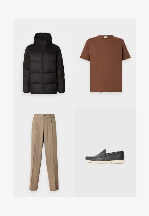 Černá péřová bunda má zipový uzávěr, kapuci, prošívané části a elastické manžety, vyrobená z hladkého, voděodolného materiálu.; Hnědé bavlněné tričko s kulatým výstřihem a krátkými rukávy. Tkanina má hladkou strukturu a pravidelný střih.; Béžové kalhoty na míru s plochým předním dílem, strukturovaným pasem a jedním knoflíkem na zapínání. Látka je hladká a mírně texturovaná.; Černé kožené mokasíny na klínku s texturovaným povrchem a kontrastní béžovou gumovou podrážkou. Vyznačují se jemným akcentem podél přední části.