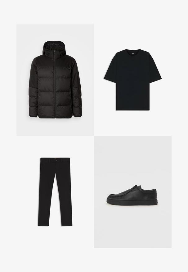Black puffer jacket features a zip closure, a hood, quilted sections, and elastic cuffs, made from a smooth, water-resistant material.; Black cotton t-shirt with a round neckline and short sleeves. Features a loose fit and a simple design without patterns or accents.; Black trousers made of fabric with a smooth texture. Features a button closure, belt loops, and side pockets. Standard straight-leg design.; Black leather slip-on shoe with a rounded toe, stitched detailing, and black rubber sole. Smooth texture with minimalistic design.