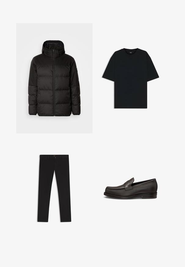 Black puffer jacket features a zip closure, a hood, quilted sections, and elastic cuffs, made from a smooth, water-resistant material.; Black cotton t-shirt with a round neckline and short sleeves. Features a loose fit and a simple design without patterns or accents.; Black trousers made of fabric with a smooth texture. Features a button closure, belt loops, and side pockets. Standard straight-leg design.; Brown leather loafer with a smooth texture, rounded toe, stitched detailing, and a low block heel. Slip-on design with a front strap accent.