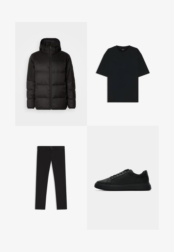 Black puffer jacket features a zip closure, a hood, quilted sections, and elastic cuffs, made from a smooth, water-resistant material.; Black cotton t-shirt with a round neckline and short sleeves. Features a loose fit and a simple design without patterns or accents.; Black trousers made of fabric with a smooth texture. Features a button closure, belt loops, and side pockets. Standard straight-leg design.; Black low-top sneaker with tonal "CK" pattern, lace-up design, and thick sole on a white background.